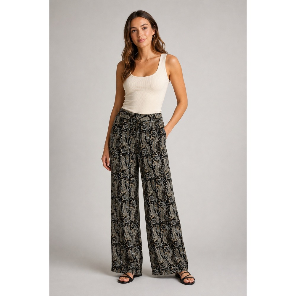 Tolani Wide Leg Lounge Pants Womens Medium Black Silky Paisley Drawstring Boho